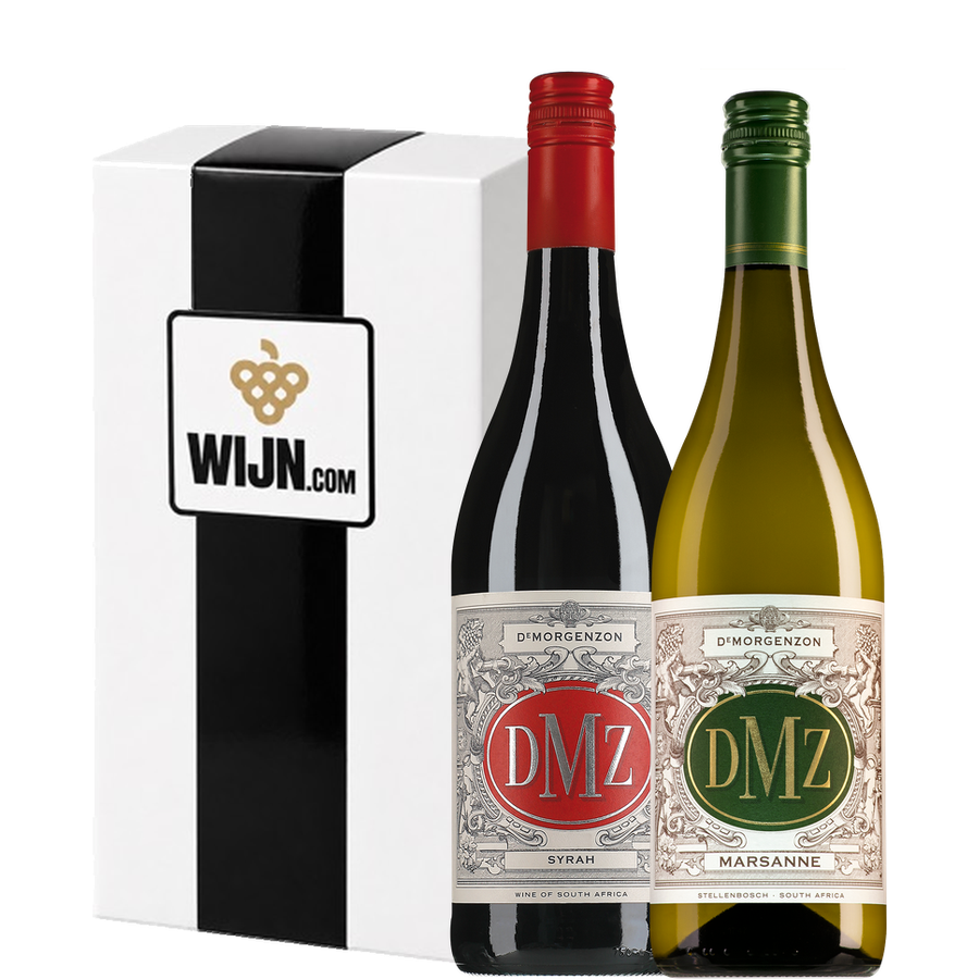 Ingepakte geschenkkist van Wijn.com met DeMorgenzon DMZ Syrah en Marsanne
