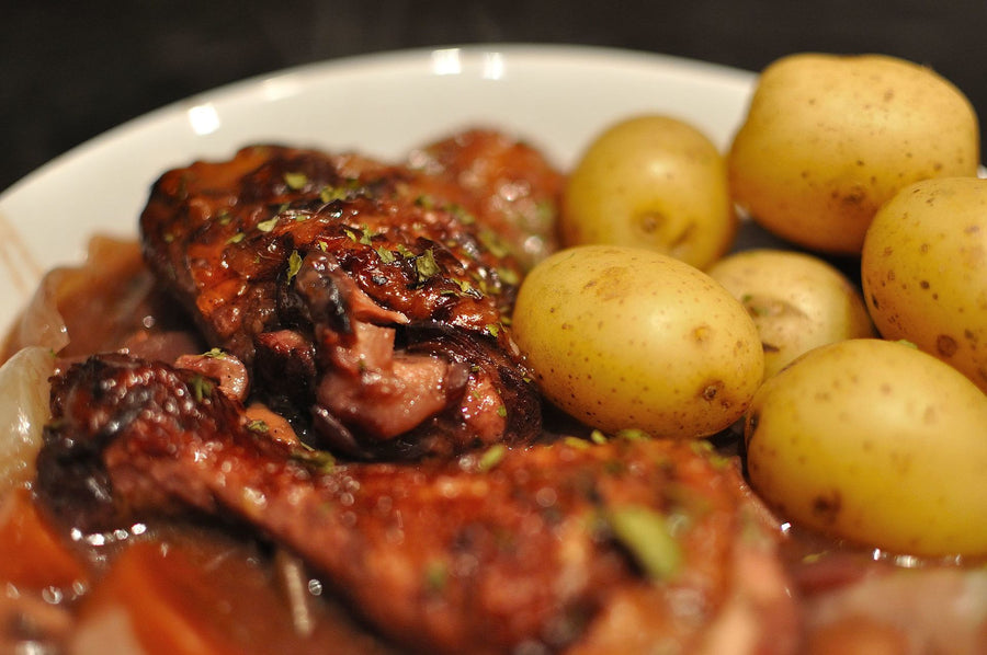 Coq au vin met aardappelen